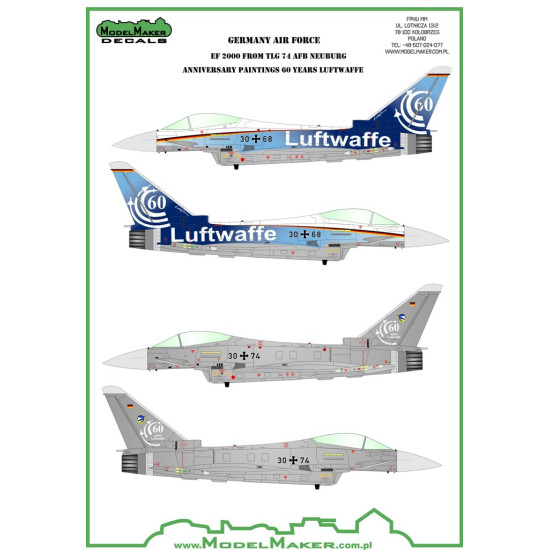ModelMaker 1/72 D72080A Eurofighter Typhoon 60 Years Luftwaffe TLG 74 Decal ModelMaker 1/72 D72080A Eurofighter Typhoon 60 Years Luftwaffe TLG 74 Decal