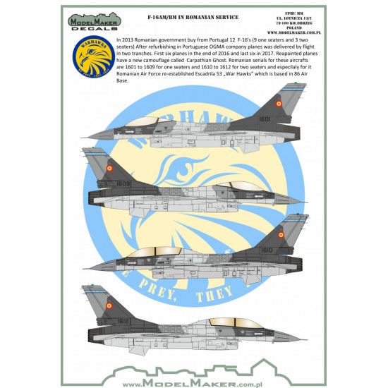 ModelMaker 1/72 D72097 F-16AM/BM in Romanian service Aircraft Decal ModelMaker 1/72 D72097 F-16AM/BM in Romanian service Aircraft Decal