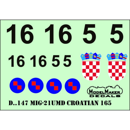 ModelMaker 1/72 D72147 MiG-21UMD CROATIAN 165 Display Plane Aircraft Decal ModelMaker 1/72 D72147 MiG-21UMD CROATIAN 165 Display Plane Aircraft Decal