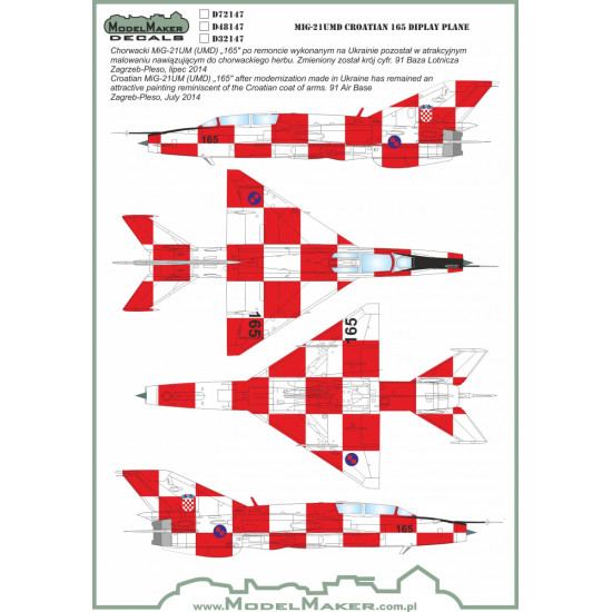 ModelMaker 1/72 D72147 MiG-21UMD CROATIAN 165 Display Plane Aircraft Decal ModelMaker 1/72 D72147 MiG-21UMD CROATIAN 165 Display Plane Aircraft Decal
