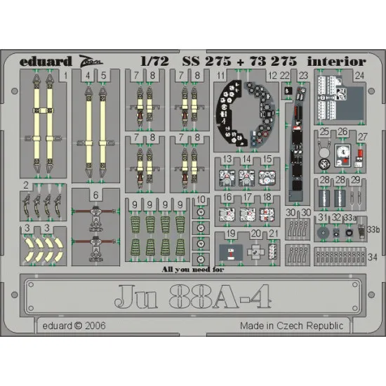 Eduard SS275 1/72 Ju 88A-4 interior Photo-Etched for Aircraft Zoom set