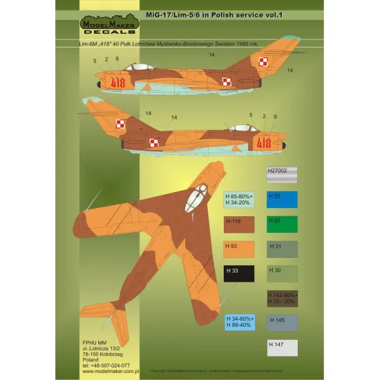 ModelMaker 1/48 D48025 MiG-17/Lim-5/6 in Polish service vol.1 Aircraft Decal
