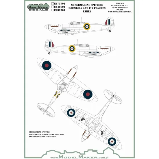 ModelMaker 1/48 IM48701 Supermarine Spitfire roundels and fin flashes EARLY Mask