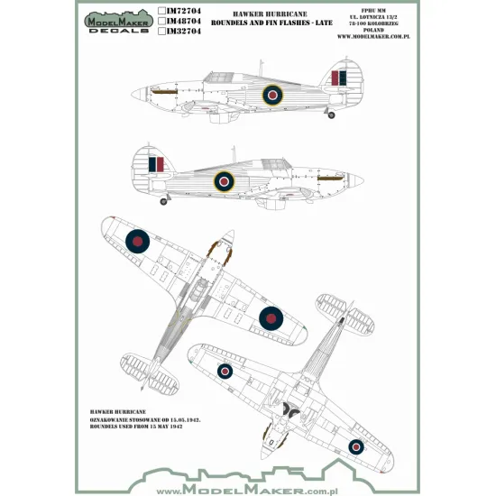 ModelMaker 1/48 IM48704 Hawker Hurricane Roundels and Fin Flashes - LATE Mask