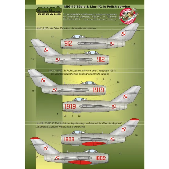 ModelMaker 1/72 D72023 MiG-15/15bis and Lim-1/2 in Polish service Aircraft Decal
