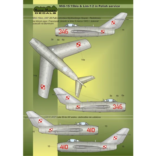 ModelMaker 1/72 D72023 MiG-15/15bis and Lim-1/2 in Polish service Aircraft Decal