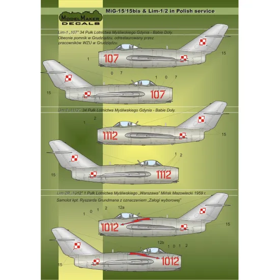 ModelMaker 1/72 D72023 MiG-15/15bis and Lim-1/2 in Polish service Aircraft Decal