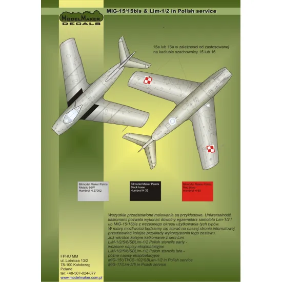 ModelMaker 1/72 D72023 MiG-15/15bis and Lim-1/2 in Polish service Aircraft Decal