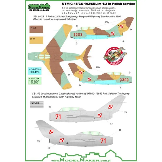 ModelMaker 1/72 D72024 MiG-15UTI/CS-102/SBLim-1/2 Polish service Aircraft Decal