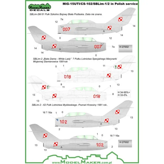 ModelMaker 1/72 D72024 MiG-15UTI/CS-102/SBLim-1/2 Polish service Aircraft Decal