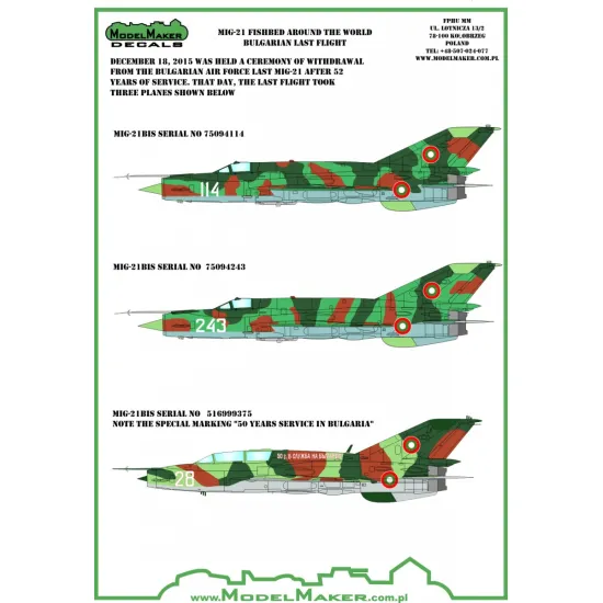 ModelMaker 1/72 D72071 MiG-21 Fishbed Bulgarian last flight Aircraft Decal