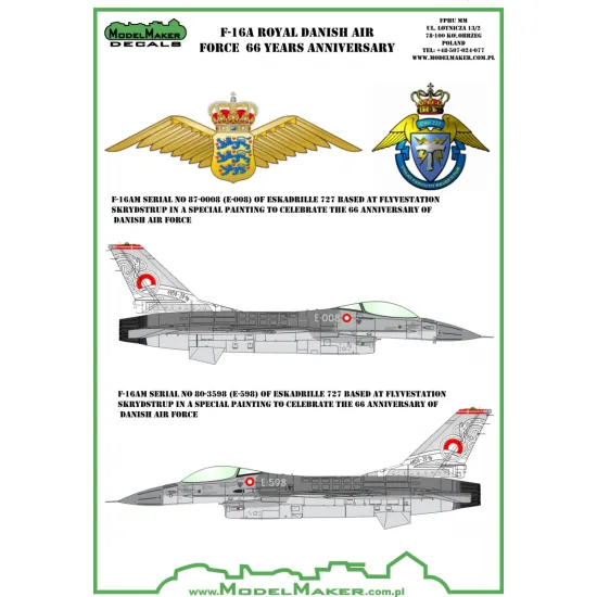 ModelMaker 1/72 D72092 F-16A Royal Danish AF 66 Years anniversary Aircraft Decal