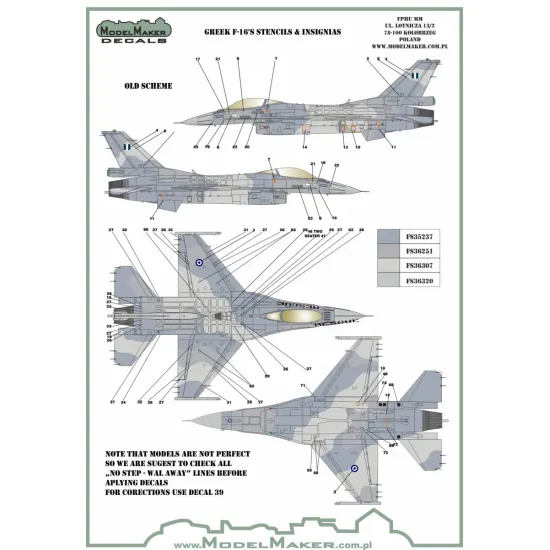 ModelMaker 1/72 D72125 Greek F-16’s stencils and insignias Aircraft Decal