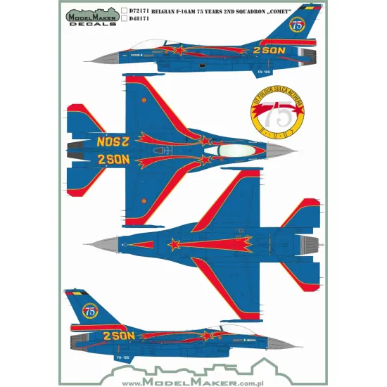 ModelMaker 1/72 D72171 Belgian F-16AM 75 Years 2ND Squadron Comet Aircraft Decal