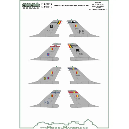 ModelMaker 1/72 D72175 Belgian F-16 Squadrons GENERIC SET Aircraft Decal
