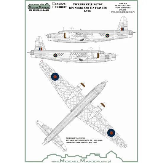 ModelMaker 1/72 IM72707 Vickers Wellington Roundels and Fin Flashes LATE Mask