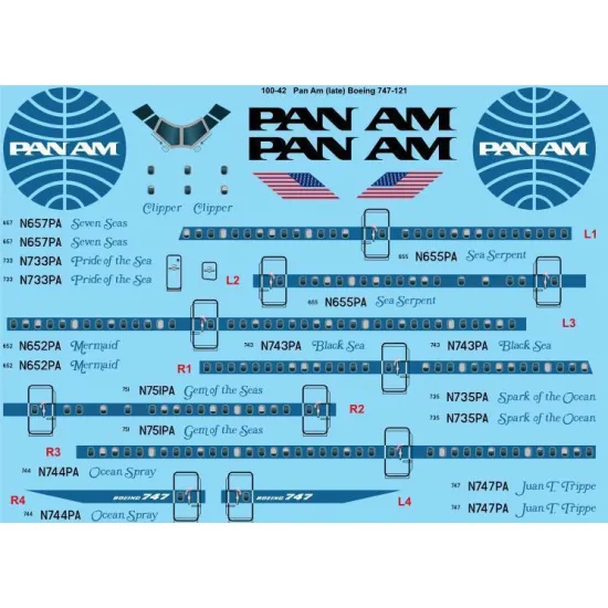 26Decals 100-42 1/100 Pan Am Late Boeing 747-121 laser decal