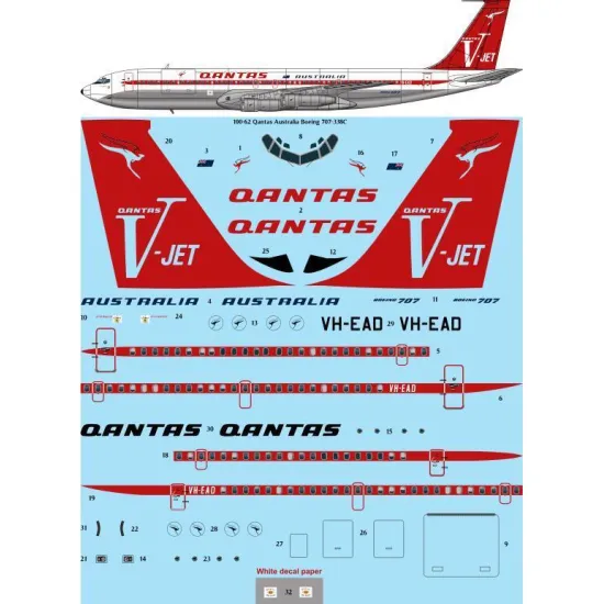 26Decals 100-62 1/100 Qantas Australia V-Jet Boeing 707-338C laser decal 1/100 scale