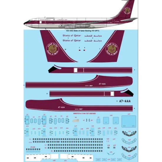 26Decals 144-1043 1/144 State of Qatar Boeing 707-3P1C laser decal with screen print details