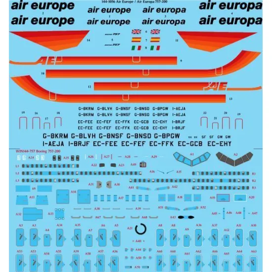 26Decals 144-1056 1/144 Air Europe/Air Europa 757-200 laser decal with screen print details - for Zvezda kit