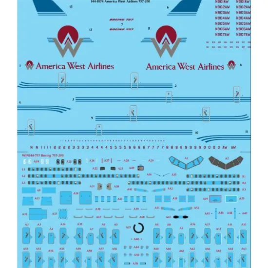 26Decals 144-1074 1/144 America West Airlines 757-200 laser decal with screen print details - for Zvezda kit