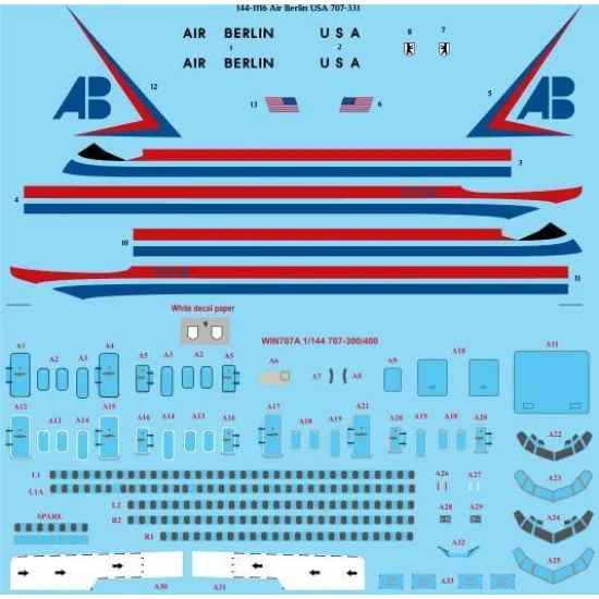 26Decals 144-1116 1/144 Air Berlin USA Boeing 707-331 laser decal with screen print details