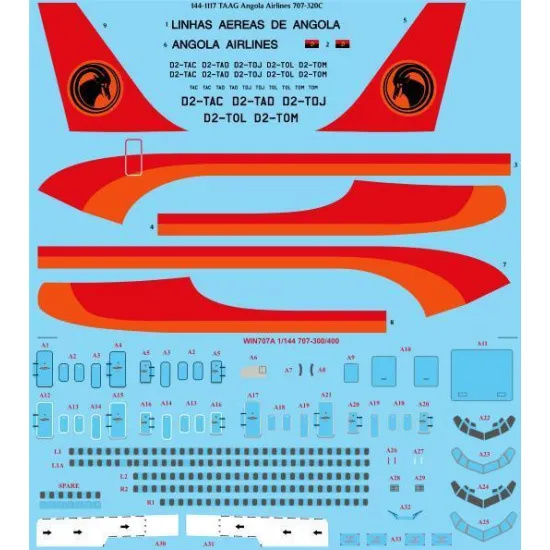 26Decals 144-1117 1/144 TAAG Angola Airlines Boeing 707-320C laser decal with screen print details