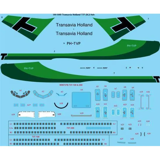 26Decals 144-1140 1/144 Transavia 737-200 laser decal with screen print details