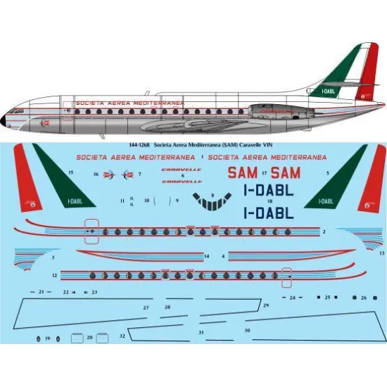 26Decals 144-1268 1/144 SAM Societa Aerea Mediterranea Caravelle VIN Laser decal - for AModel kit