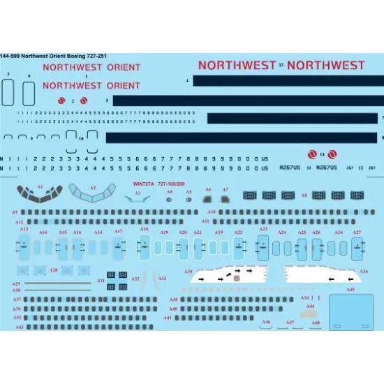 26Decals 144-599 1/144 Northwest Orient Boeing 727-241 laser decal with screen print details