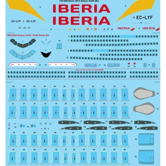 26Decals 144-629 1/144 Iberia Airbus A330-300 &amp A340-300 laser decal with screen print details