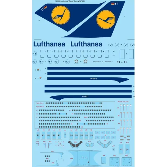 26Decals 144-748 1/144 Lufthansa Retro Boeing 747-8 laser decal with screen print details.