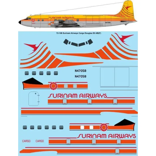 26Decals 72-108 1/72 Surinam Airways Cargo Douglas DC-6B(F) laser decal 1/72