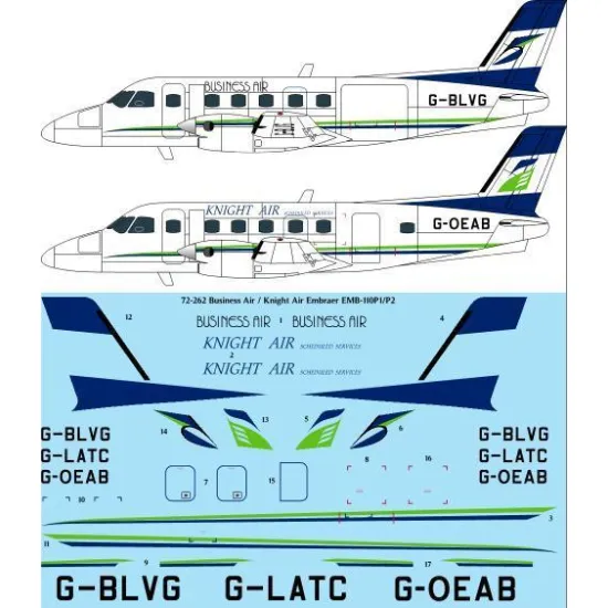 26Decals 72-262 1/72 Business Air / Knight Air Embraer EMB-110P1/P2 laser decal
