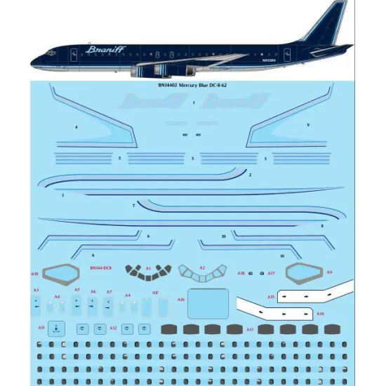 26Decals BN14402 1/144 Braniff Ultra Mercury Blue Douglas DC-8-62 Screen printed decal