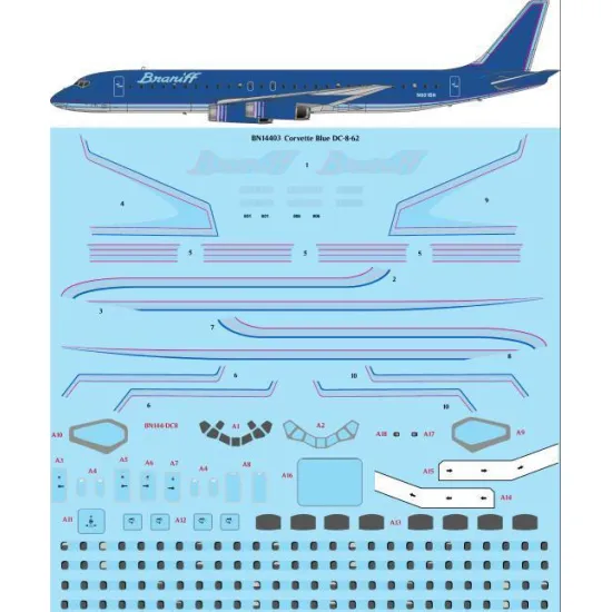 26Decals BN14403 1/144 Braniff Ultra Corvette Blue Douglas DC-8-62 Screen printed decal