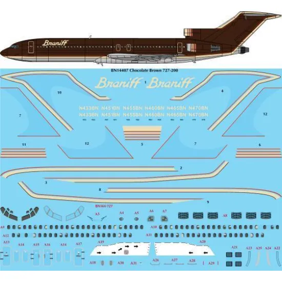26Decals BN14407 1/144 Braniff Ultra Chocolate Boeing 727-227 Screen printed decal