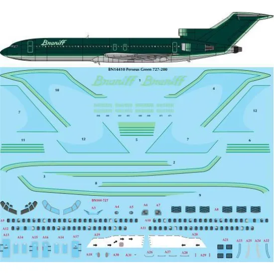 26Decals BN14410 1/144 Braniff Ultra Perseus Green Boeing 727-200 Screen printed decal