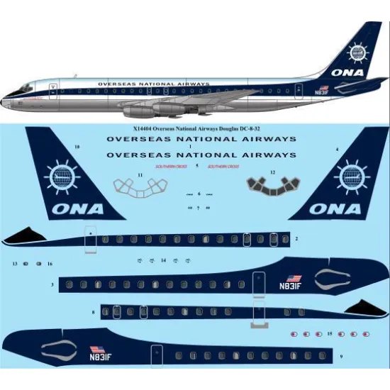 26Decals X14435 1/144 ONA Overseas National Airways Douglas DC-8-32 laser decal - for X-Scale kit