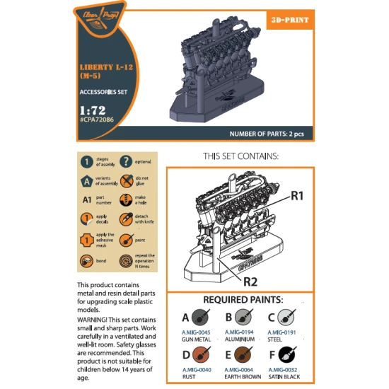Clear Prop CPA72086 - 1/72 - Liberty L-12 engine set 3D print. Upgrade set