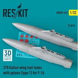 Reskit Rsu32-0143 1/32 370 Gallon Wing Fuel Tanks With Pylons Type 1 For F16 2 Pcs 3d Printed
