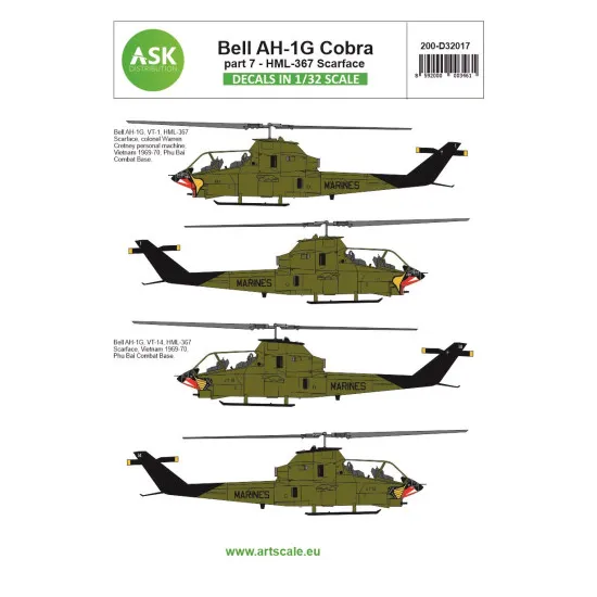 Ask D32017 1/32 Bell Ah-1g Cobra Part 7 - Hml367 Scarface Helicopter Decal Ask D32017 1/32 Bell Ah-1g Cobra Part 7 - Hml367 Scarface Helicopter Decal