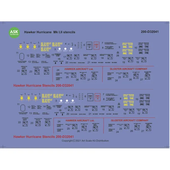 Ask D32041 1/32 Hawker Hurricane Mk.i, Mk.ii - Stencils Decal
