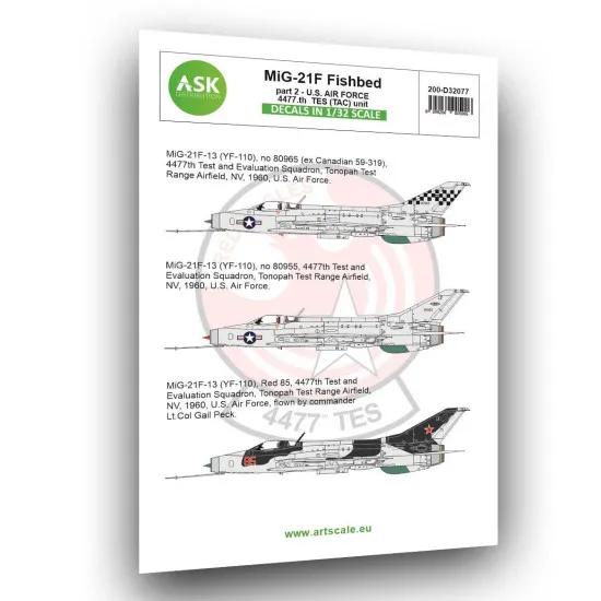 Ask D32077 1/32 Mig-21f-13 Fishbed Part 2 - Us Air Force Tes Tac Unit Decal