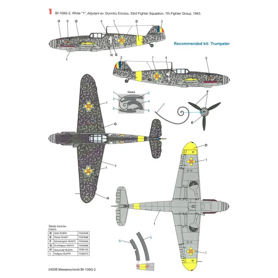 Techmod 24008 1/24 Messerschmitt Bf 109g-2 With Masks Romanian Air Force Fighter Wet Decal