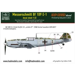 Hadmodels Dw-32015 1/32 Messerschmitt Bf 109 E-1 White 9 Dry-water Decal Sheet