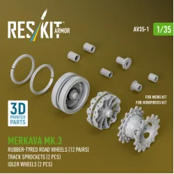 Reskit Rs-av35-0001 1/35 Merkava Mk 3 Rubber Bandage Road Wheels 12 Pairs Track Sprockets 2 Pcs Idler Wheels 2 Pcs For Meng/Hobbyboss Kit 3d Printed