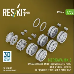 Reskit Rs-av35-0006 1/35 Merkava Mk 3 Damaged Rubber Bandage Wheels 12 Pairs Track Sprockets 2 Pcs Idler Wheels 2 Pcs For Meng/Hobbyboss Kit 3d Printed
