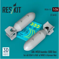 Reskit Rs24-0013 1/24 An-m58 Bombs 500 Lbs For All Usaf Raf Of Ww2 Korean War 2 Pcs 3d Printed