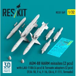 Reskit Rs32-0369 1/32 Agm-88 Harm Missiles 2 Pcs With Lau-118a 4 Pcs Tornado Adapters 2 Pcs F/A-18 F-4 F-16 Ea-6 F-111 Tornado 3d Printed